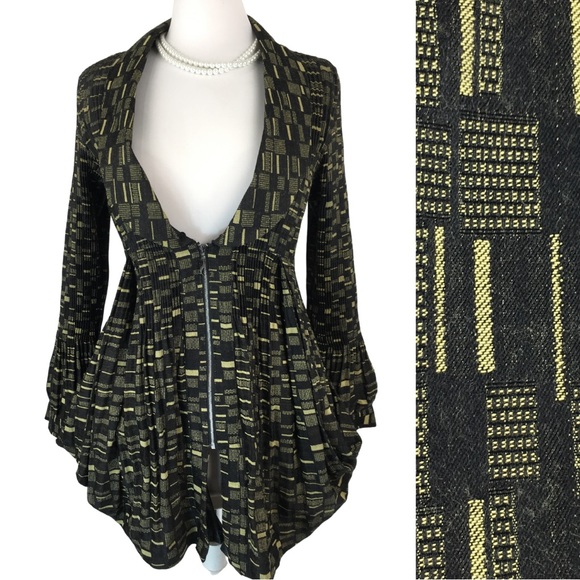Lindi Black and Gold Yellow Pleated Geometric Peplum Jacket Coat size Small - Picture 1 of 16